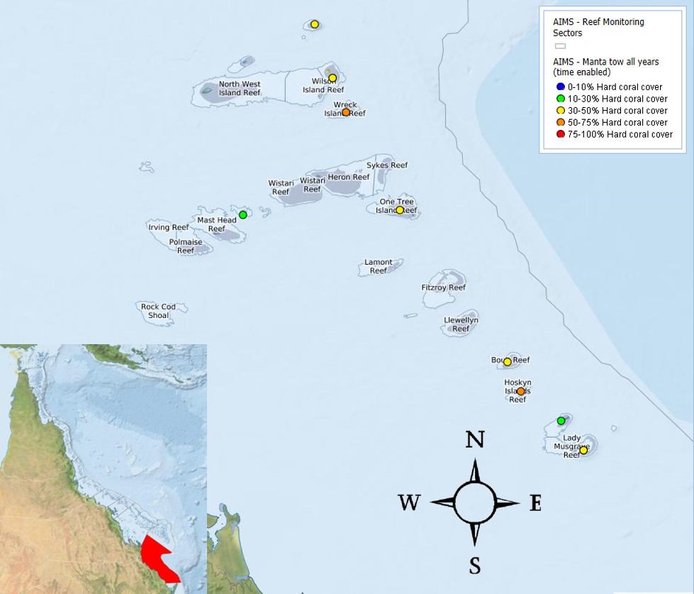 Map showing location of reefs in the Capricorn-Bunker sector.