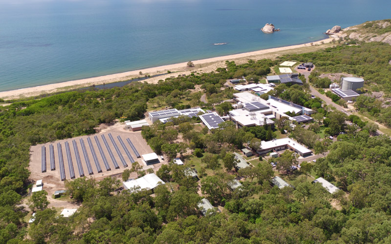 Aerial view of solar panels at the AIMS Cape Cleveland site