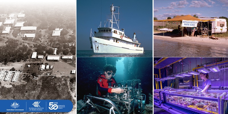 Montage: aerial photo of buildings next to a beach, an old research vessel, caravans with a banner proclaiming the Australian Institute of Marine Science, a diver works underwater with old research equipment, a researcher is in a high tech coral laboratory