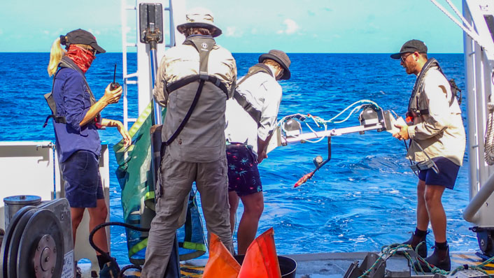 People deploy a baited remote underwater video station off the back of a large vessel