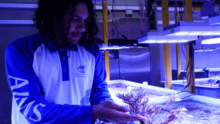 Indigenous man holds a coral in an aquarium lab