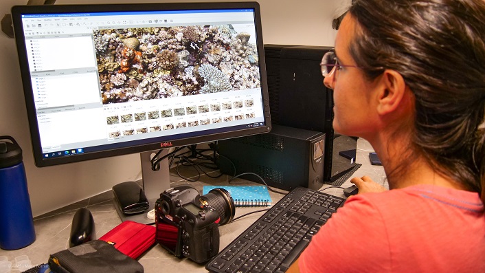 A lady sits at a computer processing images to create a 3D model