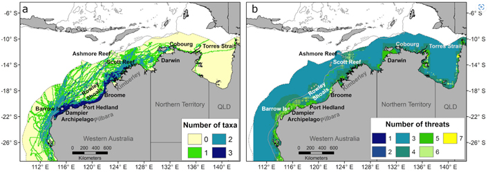 Two graphs. Ones show the movement of marine wildlife and the other shows where these areas overlap with human activities