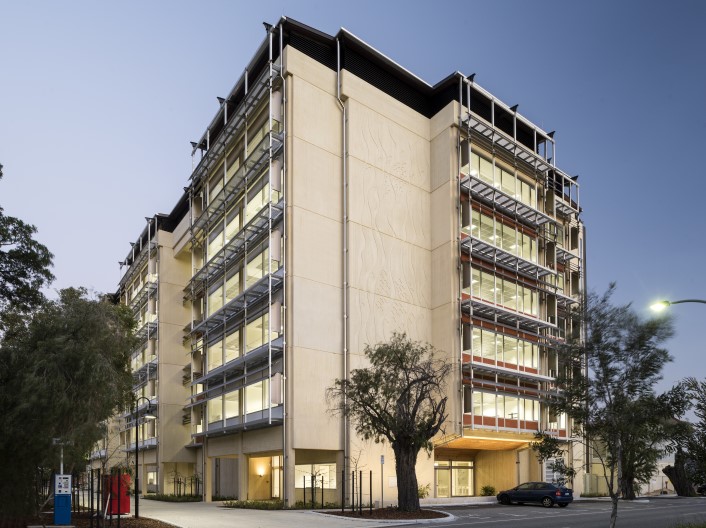 multistory building at sunset