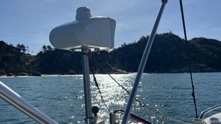 Robotic mounted on a boat in tropical seas