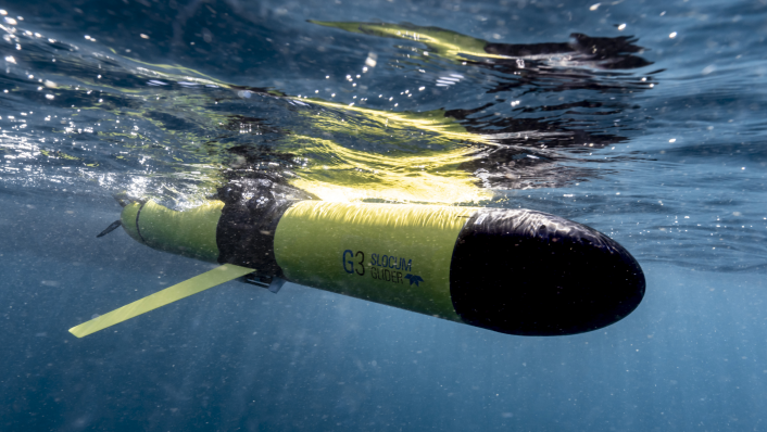 A yellow and black rocket-like object photographed from underwater