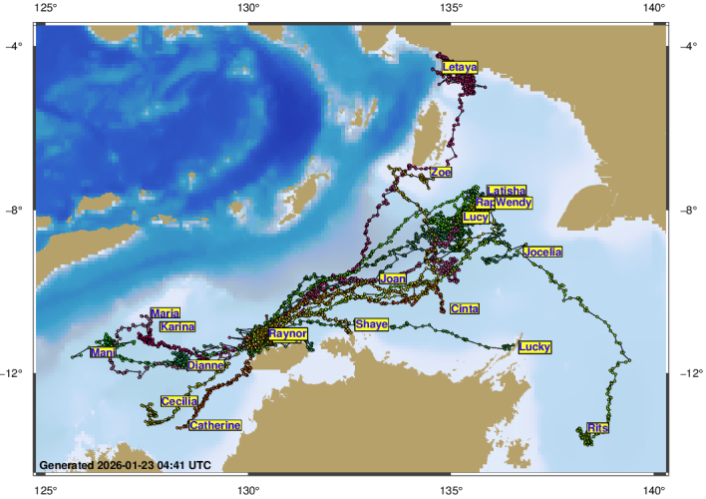 A map showing the area around the Tiwi Islands with a number different coloured lines emanating from it