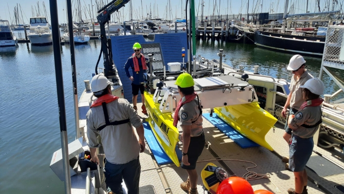 ReefCat autonomous surface vessel on the deck of a research ship