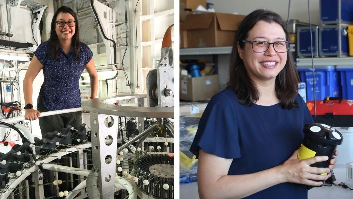 Composite of oceanographer Jessica Benthuysen on a research vessel and holding a scientific instrument
