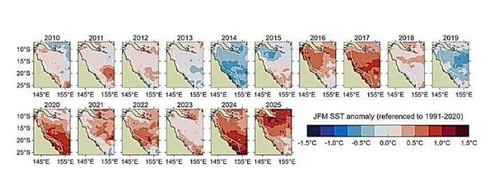 Series of data visualisation maps showing sea surface temperature between 2010 and 2025, with hotter temperatures clearly more frequent in later years