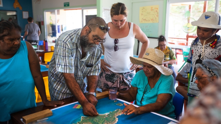 Bob Muir with Woppaburra people at a science workshop