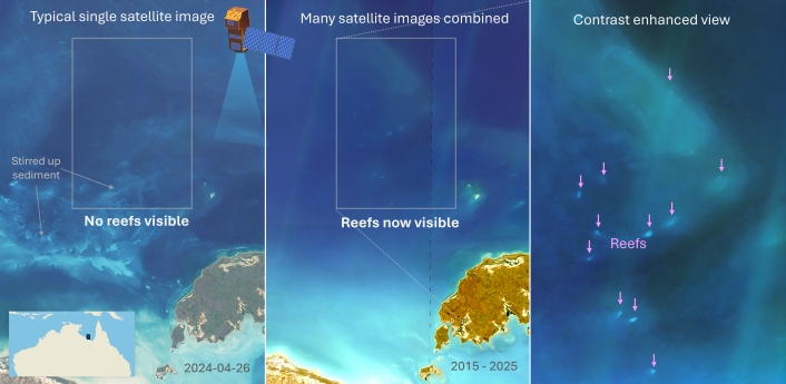 Three satellite images showing the difference between a single satellite image and multiple, revealing hidden reefs off northern Australia