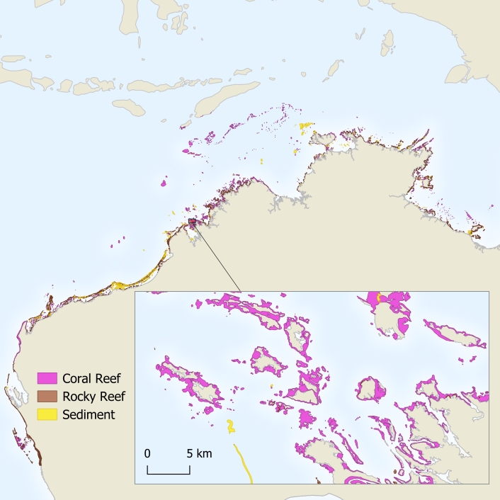 Map showing newly located fringing coral reefs