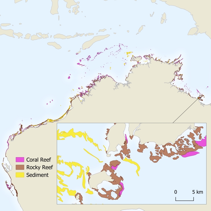 Map showing newly located rocky shores