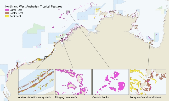 Map of Australia's northwestern coastline highlighting newly located reefs, with insets detailing different features: ancient shoreline rocky reefs, fringing coral reefs, oceanic banks, rocky reefs and sand banks