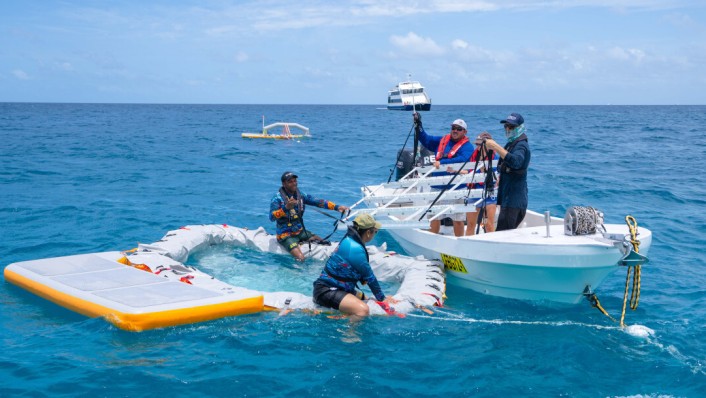 Inflatable pool for coral larvae on tropical seas with scientists