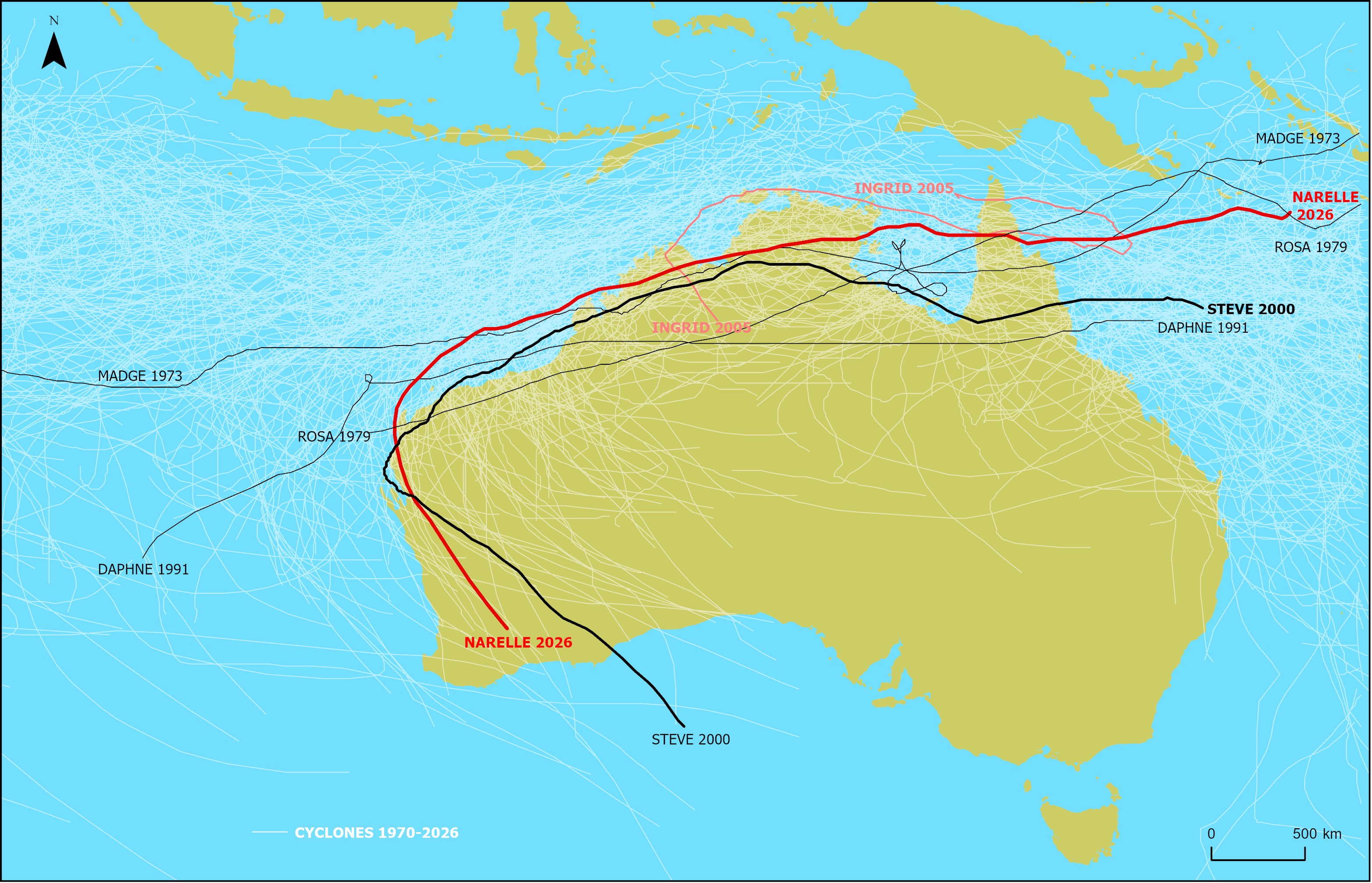 Map showing the tracks of tropical cyclones over Australia