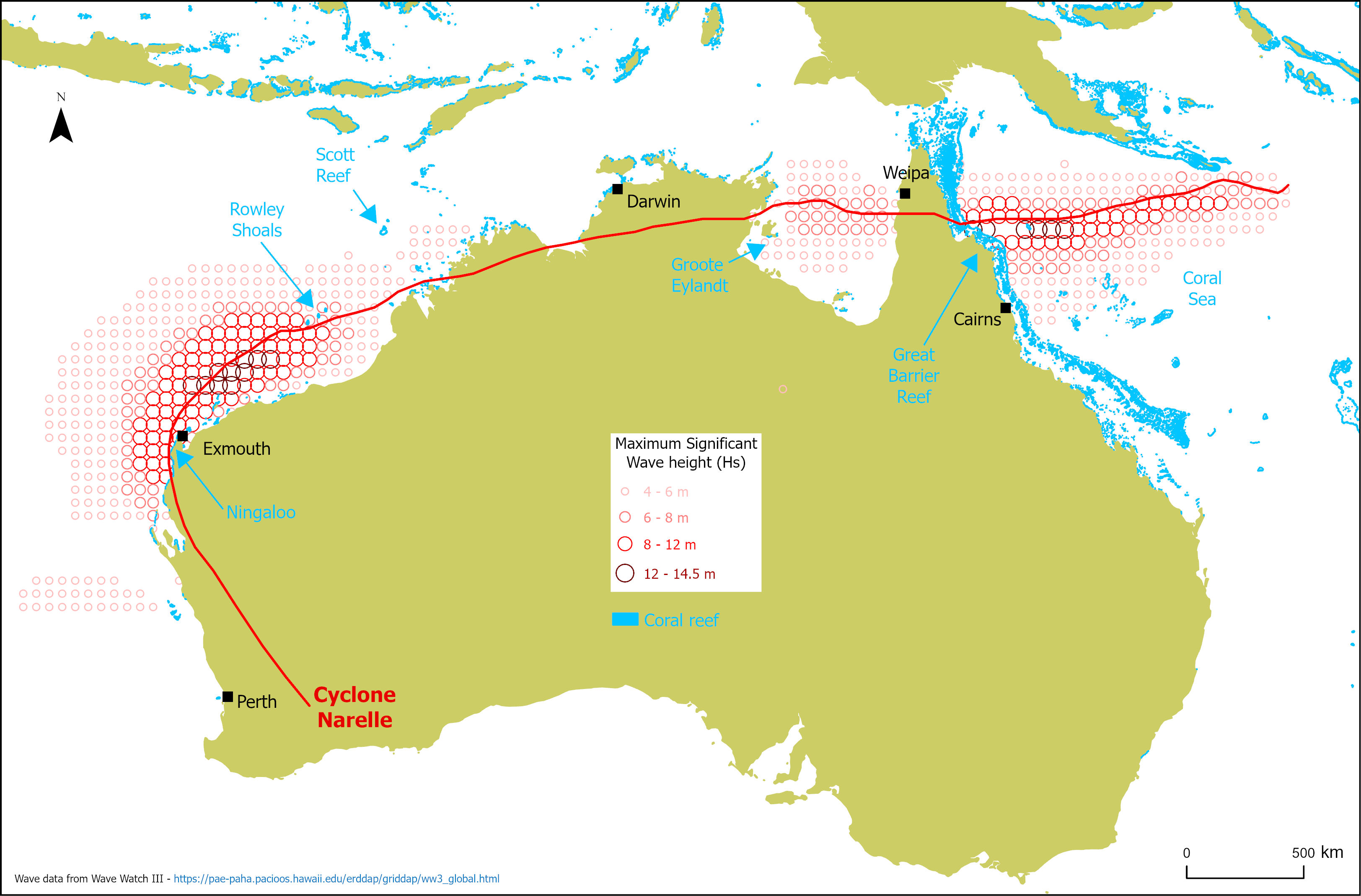 Map of significant wave heights predicted during cyclone Narelle