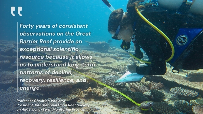 Quote graphic from Christian Voolstra with image of diver surveying reef