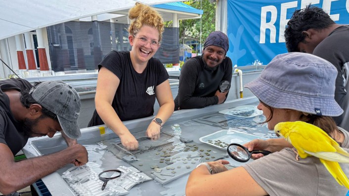 People are pictured working together around a shallow tank filled with water and small brown tabs. One woman is laughing and another has a yellow bird on her shoulder