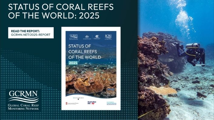 Promotional graphic for the Status of Coral Reefs of the World: 2025 report. The design features the report cover beneath the heading “Status of Coral Reefs of the World: 2025”, a call to action to read the report at GCRMN.NET/2025-REPORT, GCRMN branding, and a photograph of a scuba diver surveying a coral reef underwater.