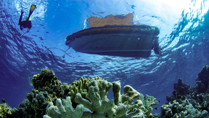 Photo looking up from a coral reef towards a boat at the water surface. A snorkeller is visible near the vessel while healthy corals occupy the foreground beneath clear blue water at Rowley Shoals, Western Australia.