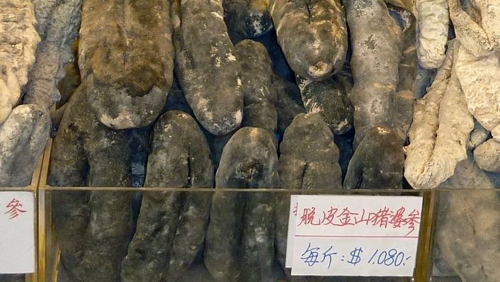 Black teatfish sea cucumber being sold in a market