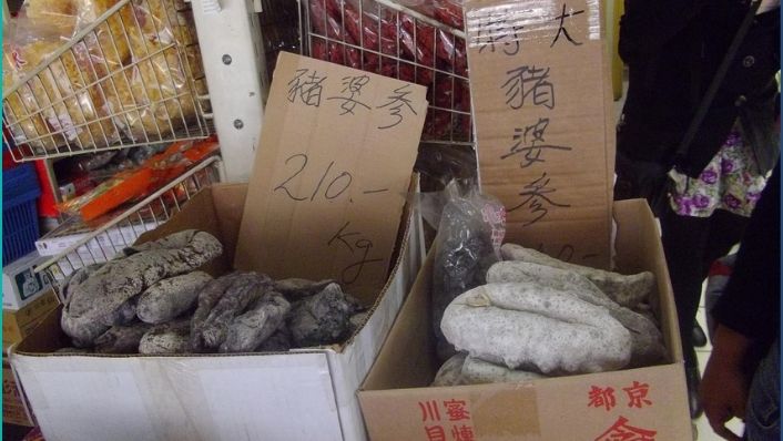 Black teatfish sea cucumber being sold in a market
