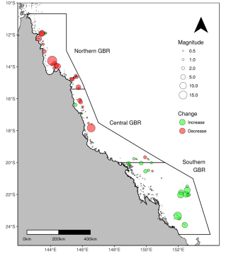 <strong>Figure 2 -</strong> Boundaries of Northern, Central and Southern regions used in the trend analyses (Figs 1a-d), locations of the 68 reefs surveyed by manta tows between September 2016 and March 2017. Size and colour of the symbols represent the absolute change in reef-level percent hard coral cover over 12 months to March 2017, displaying high variability between reefs and regions.