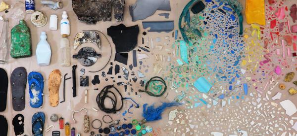 a range of pieces of plastics arranged artistically on the beach