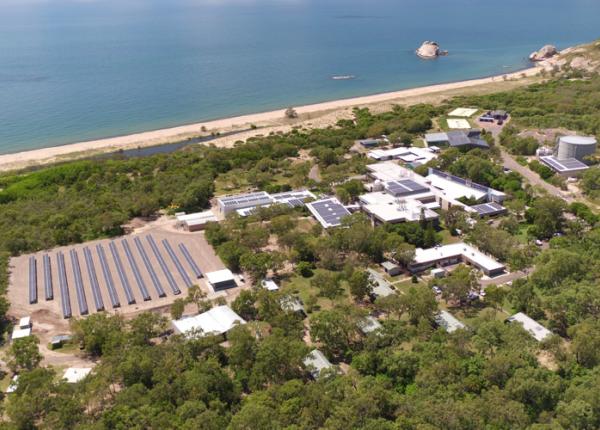 Aerial view of solar panels at the AIMS Cape Cleveland site
