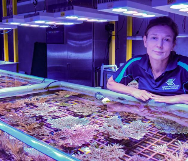 Madeleine van Oppen next to coral tank
