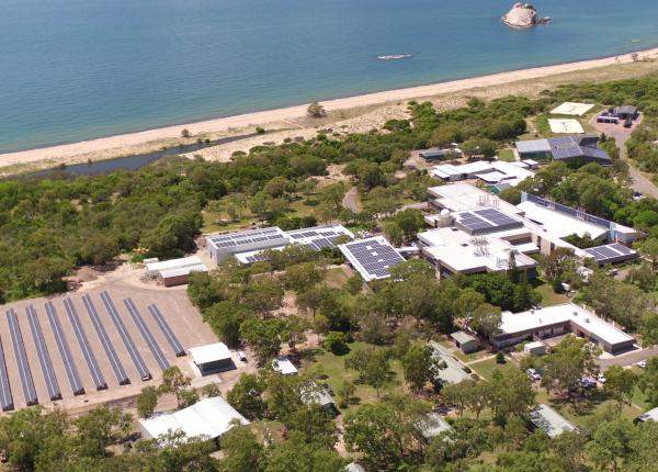 buildings set among greenery, adjacent to a beach, seen from the air