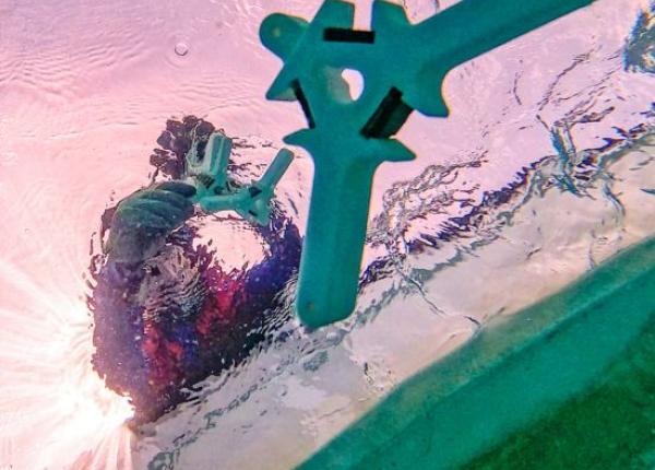 Underwater shot looking up at coral seeding devices being deployed from a boat.