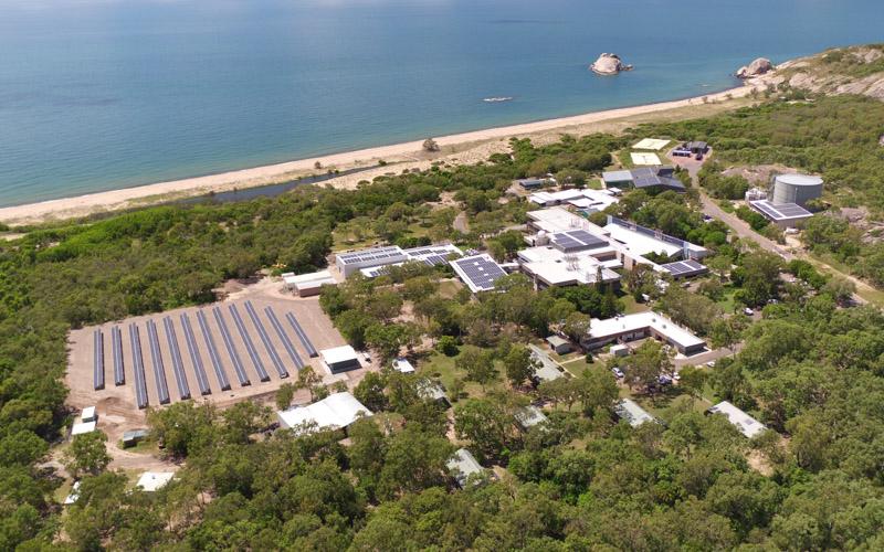 Aerial view of solar panels at the AIMS Cape Cleveland site