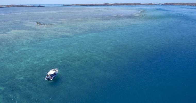 aerial photo of vessel near a reef