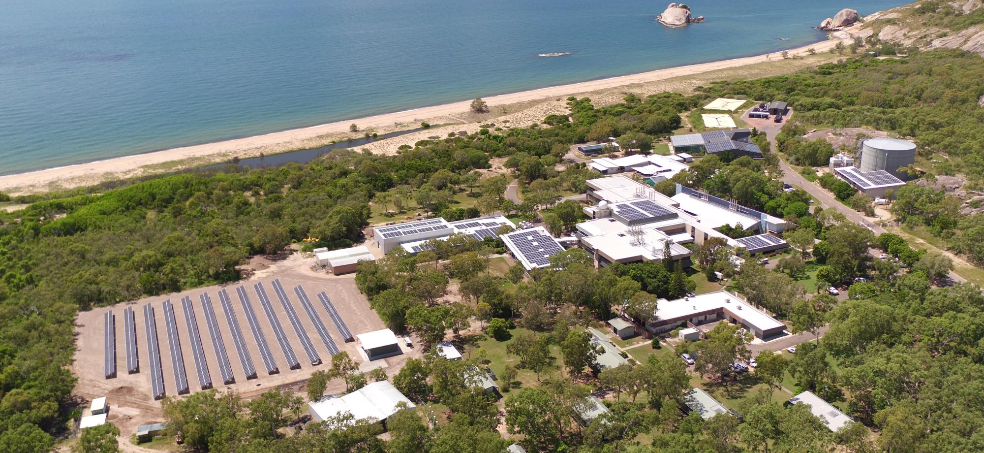 buildings set among greenery, adjacent to a beach, seen from the air