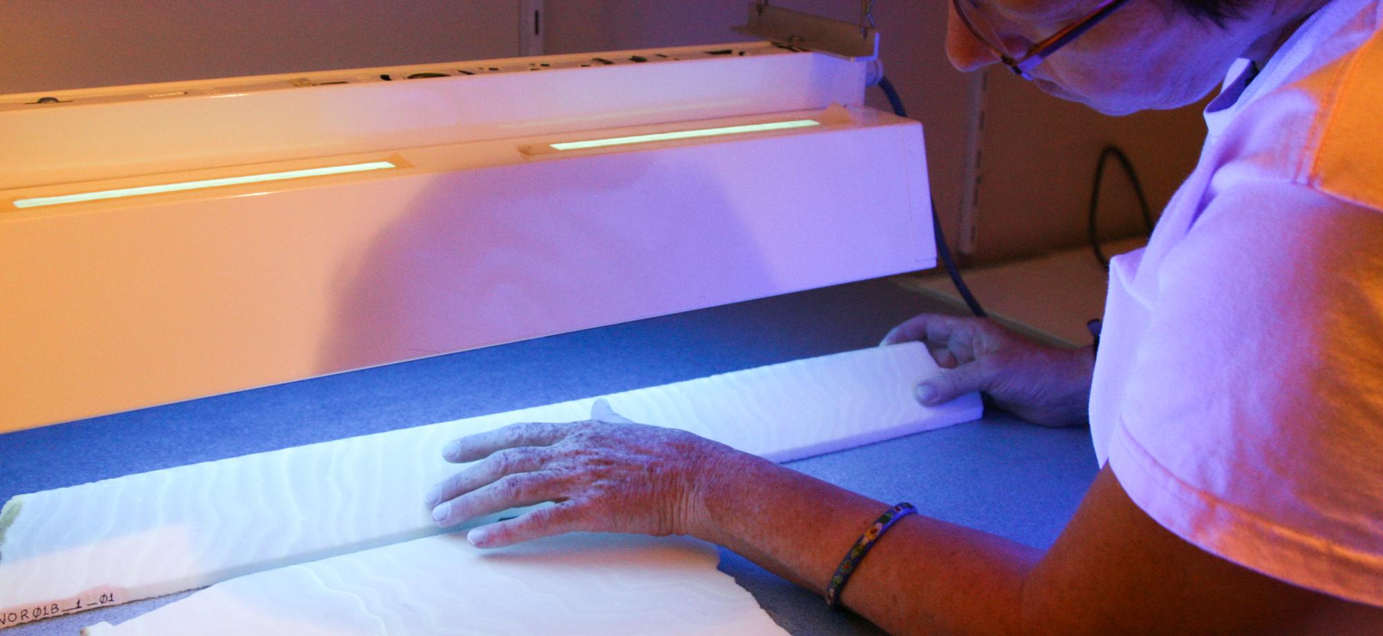a white coral core slice with bands under a light with a scientist examining them