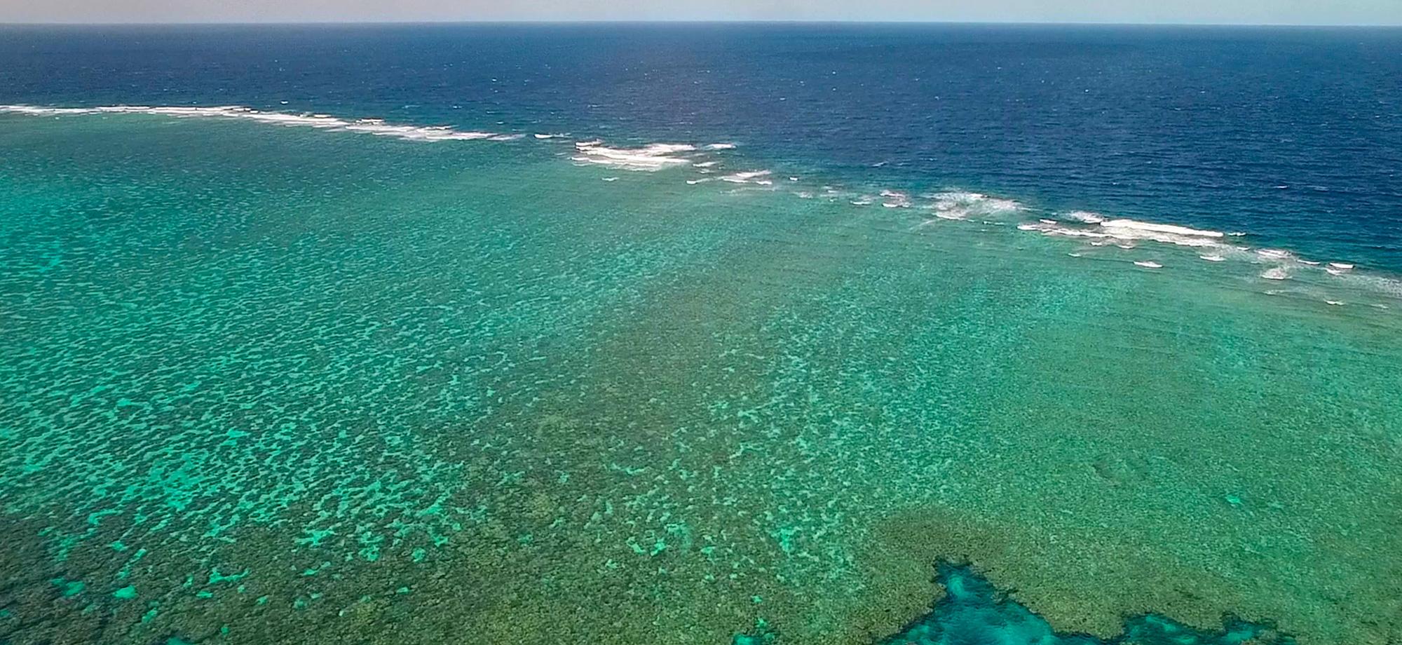 a birds eye view of a coral reef, with small waves breaking on the reef crest.