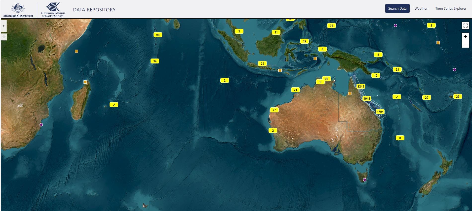 A satellite image of Australia and the indian ocean with many yellow boxes with numbers in the over the map, signifying data repository