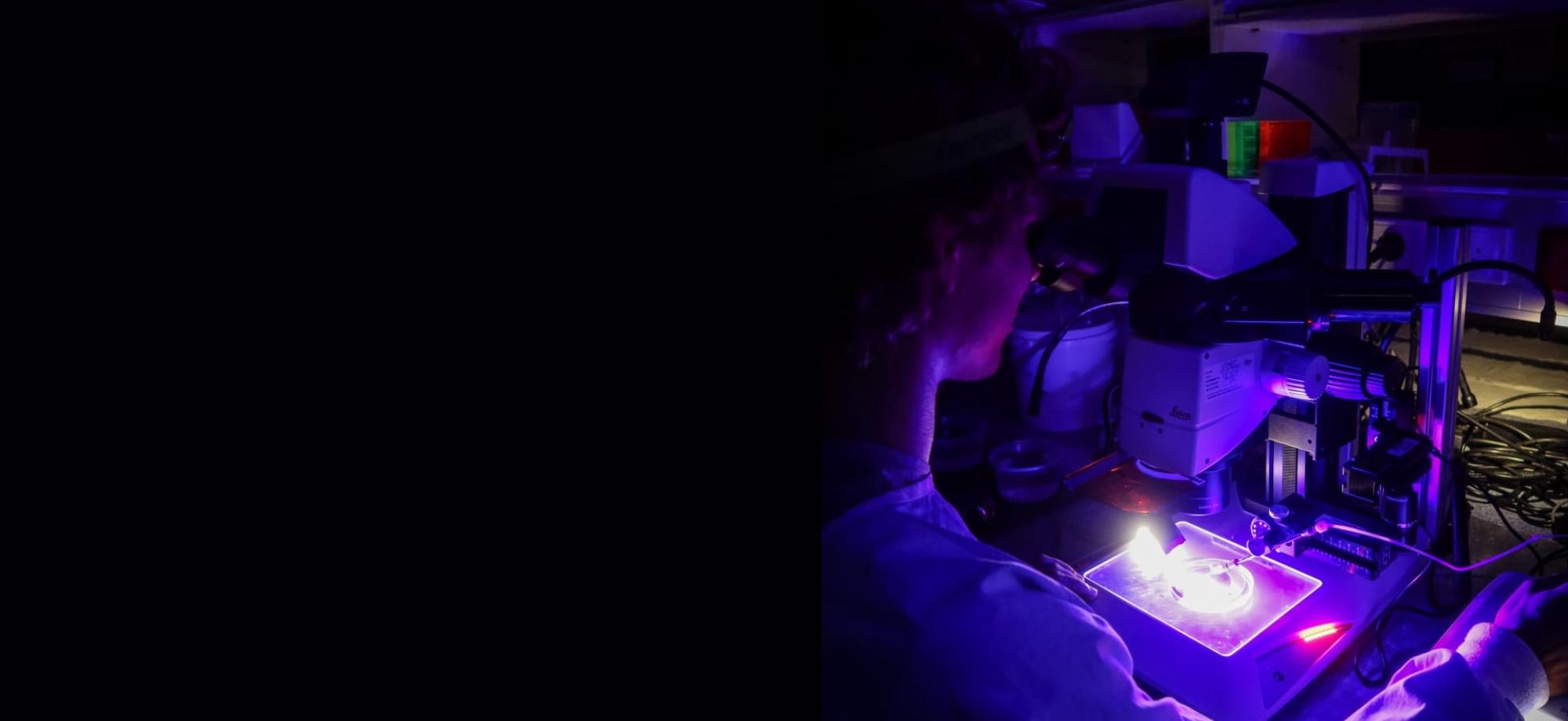 Scientist at microscope in fluorescent light