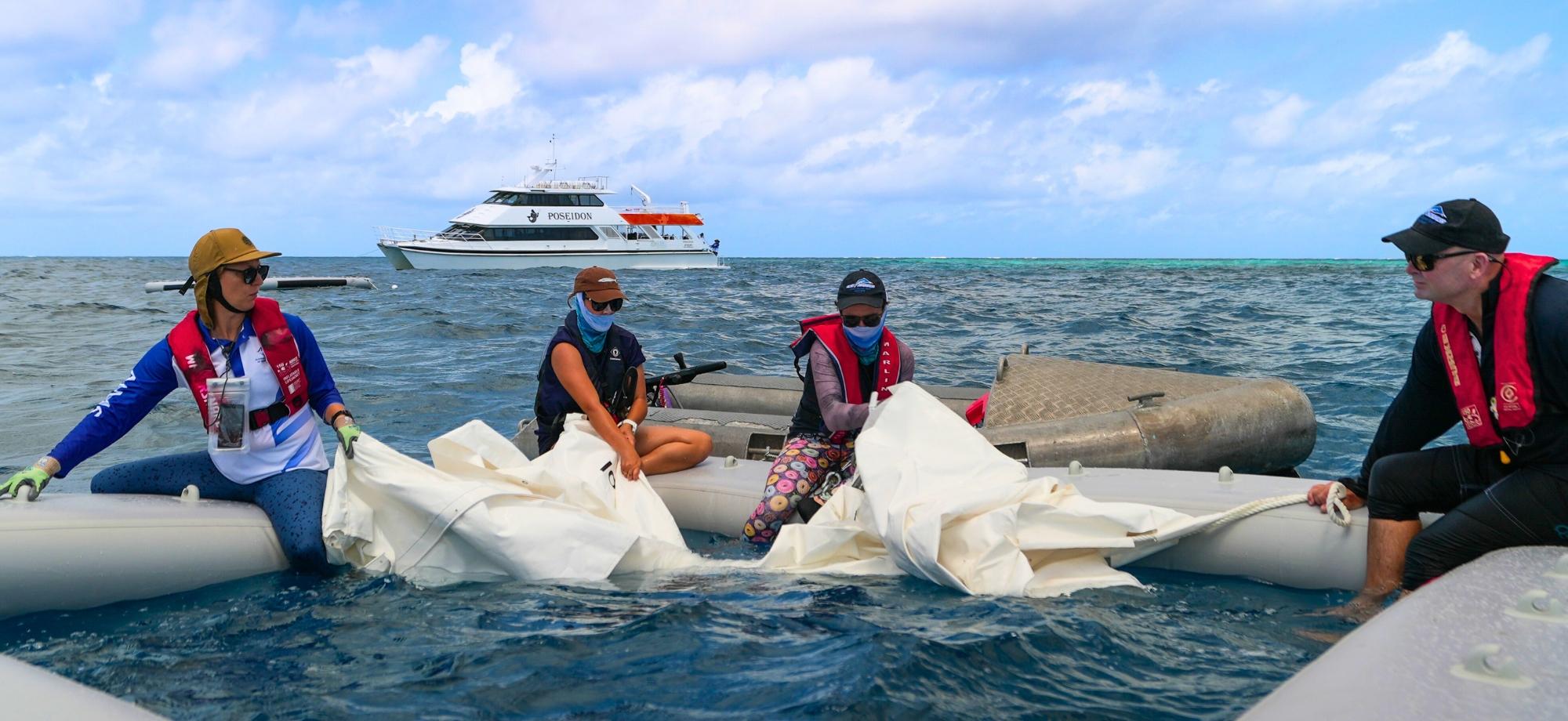 Scientists setting up inflatable coral larval pool in middle of the Reef