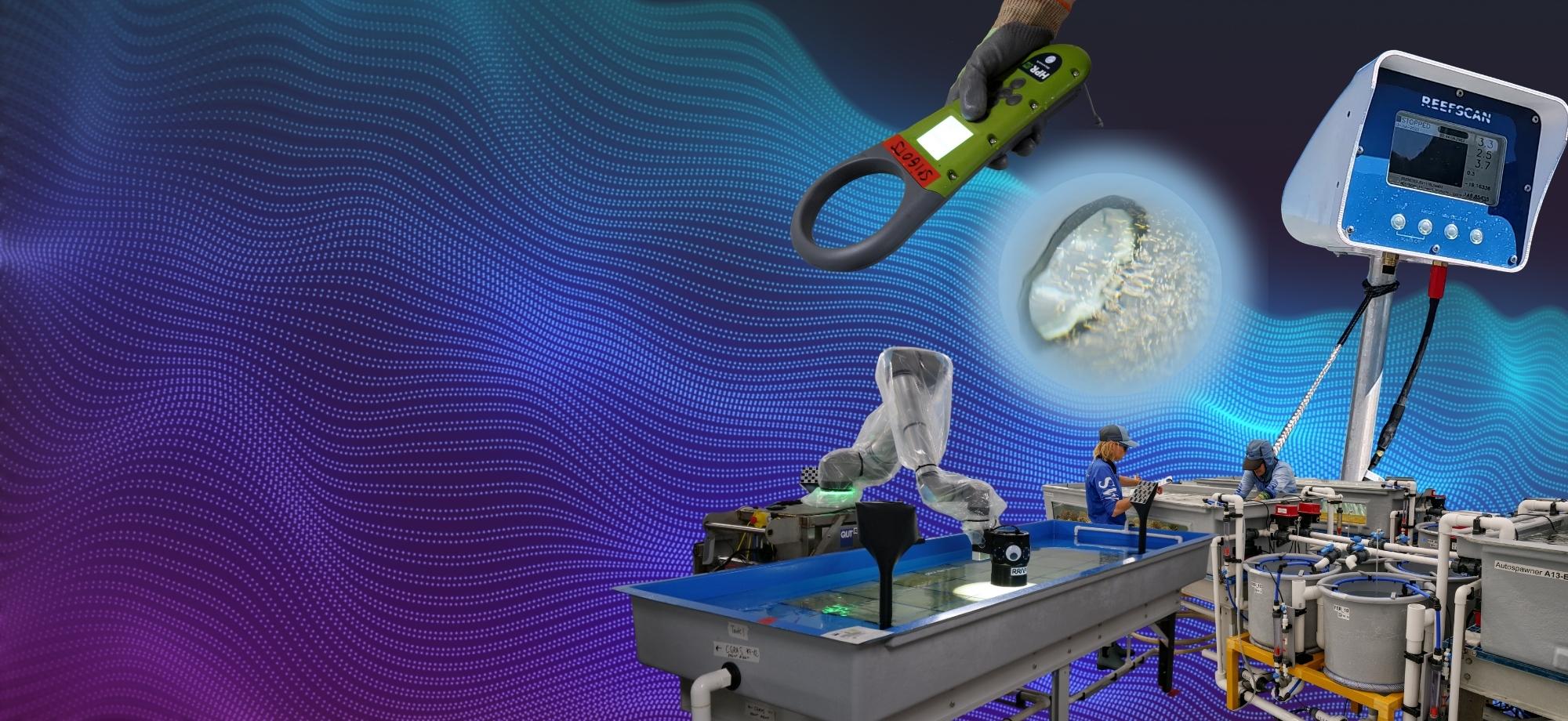 Composite of five technologies used in coral aquaculture