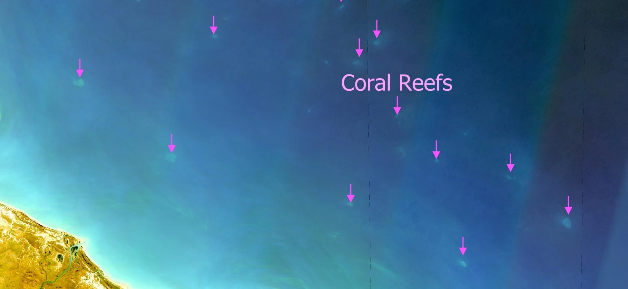 Satellite imagery of north Australian coastal waters showing newly located coral reefs