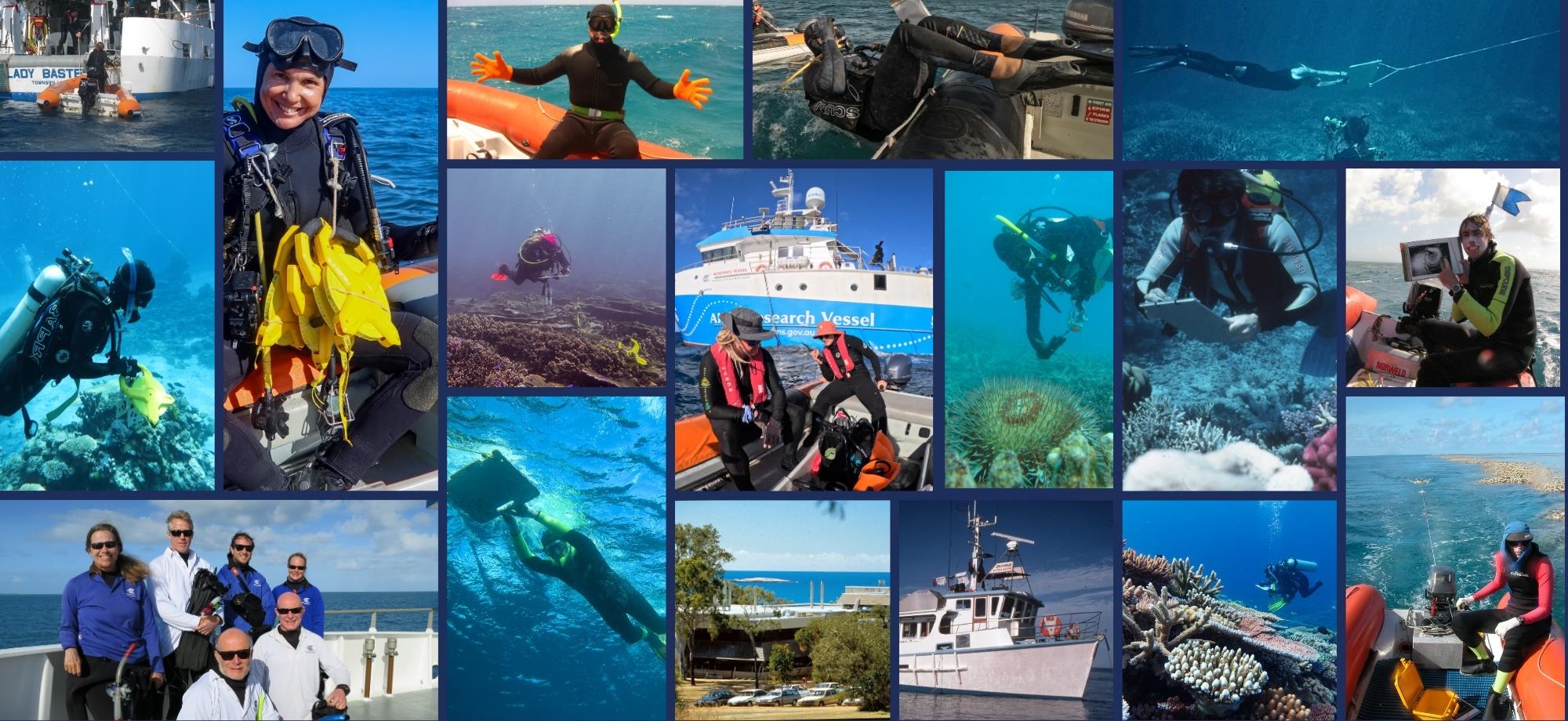 Collage of AIMS Long-Term Monitoring Program over the years, with scientists underwater and on boats doing coral reef surveys.