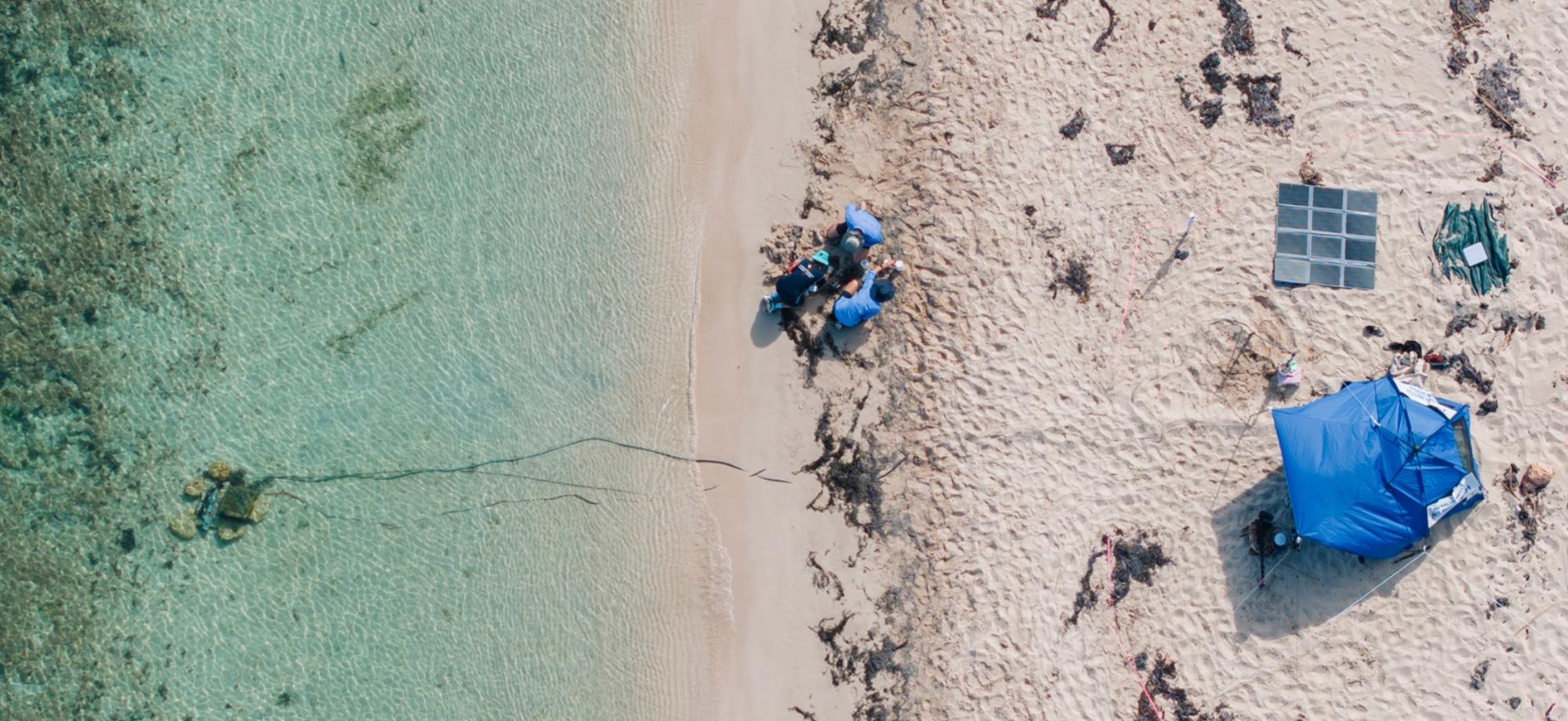 Aerial overhead of scientist research site on tropical beach with water sensors in the ocean