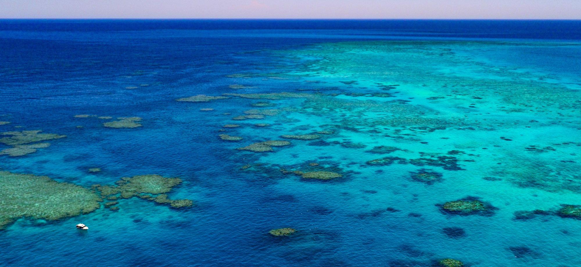 Aerial photo of the Great Barrier Reef showing coral reef formations and shallow turquoise lagoons surrounded by deep blue ocean. A small boat is visible beside one of the reef platforms, highlighting the scale of the reef landscape.