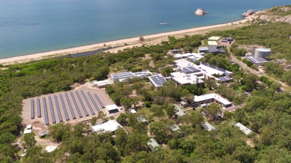 Aerial view of solar panels at the AIMS Cape Cleveland site