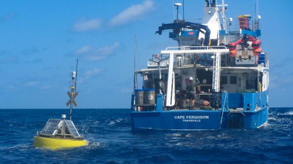 The Yongala National Reference Station on the central Great Barrier Reef with the AIMS research vessel Cape Ferguson