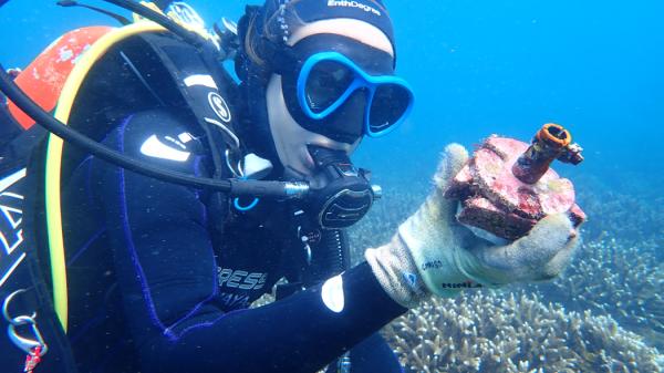 Diver underwater looks at device in hand